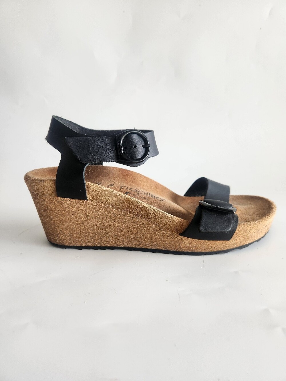 Birkenstock Papillio Soley Sandals US8 EU39 Black Leather Low Wedge Cork